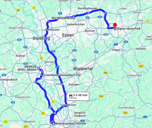Entfernungen zu den jeweiligen Stadien Düsseldorf, Dortmund, Gelsenkirchen